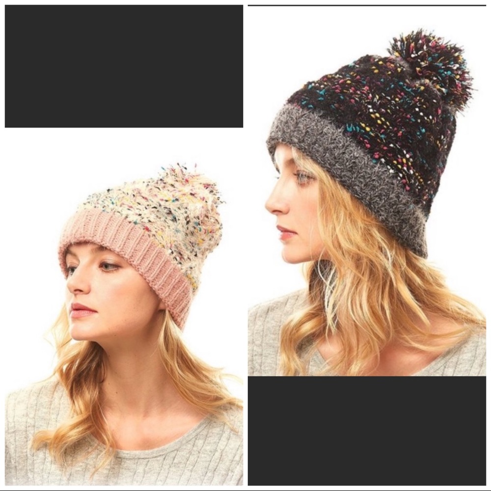Confetti Beanie | Hat with Pom Pom | White | Pink | Multi-color - Picture 2 of 9